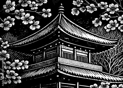 A black and white sketch vector of a traditional Asian pagoda surrounded by cherry blossoms