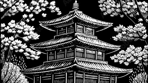A black and white sketch vector of a traditional Asian pagoda surrounded by cherry blossoms