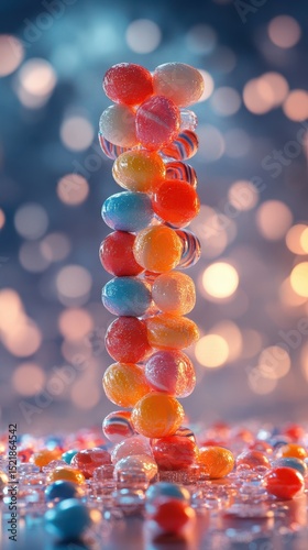 Colorful candy tower shimmering with reflections in a playful atmosphere during evening light