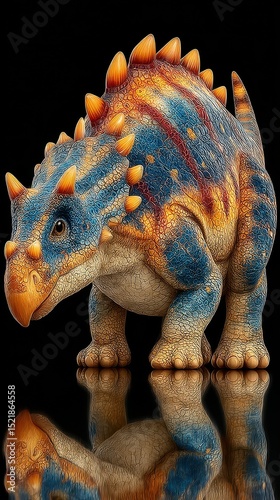 Colorful dinosaur model with spiky features standing on a reflective surface showcases creativity in design and artistry