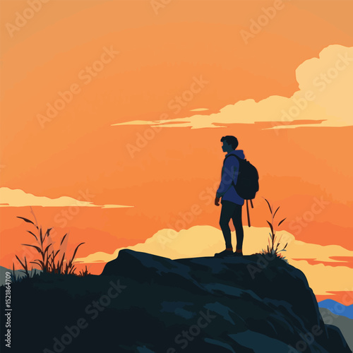 Stunning vector illustration of a sunset silhouette over mountains with hikers exploring nature’s beauty – perfect for travel, adventure, hiking, and peaceful outdoor landscape designs.