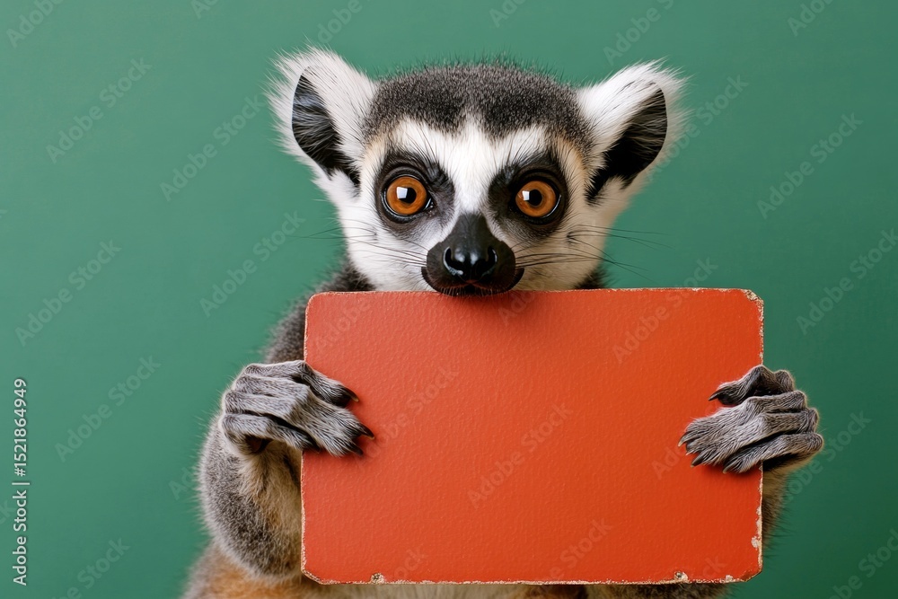 Obraz premium Fluffy pet in studio. Isolated baby animal on a solid uniform green background. Animal ready for brand. Cute baby animal lemur hold in front paws a template - large red zoo sign.