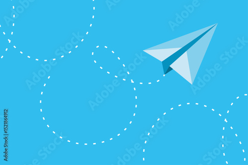 Paper airplane gliding through a bright blue sky with imaginative flight patterns in the background