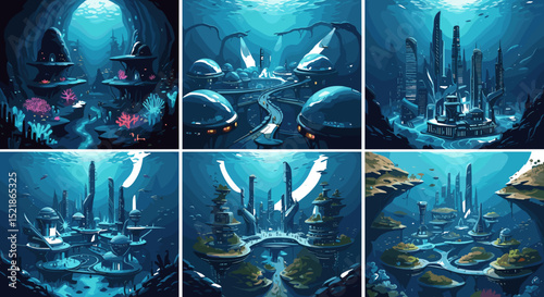 Underwater cities showcasing futuristic architecture and marine life in various artistic styles and settings
