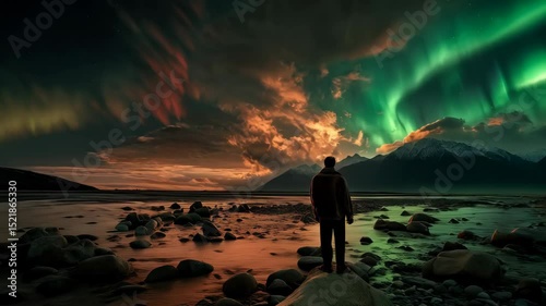 Person stands watching aurora borealis display over snow capped mountains and river landscape