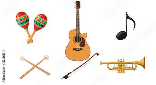 Illustration showing various musical instruments including guitar trumpet maracas and drumsticks and a note
