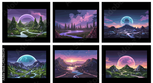 A collection of fantasy landscapes featuring rivers, mountains, and celestial orbs in various settings