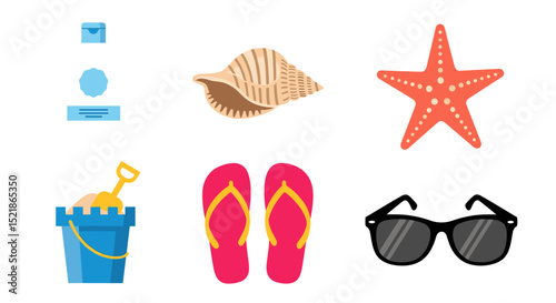 A collection of beach themed items including a starfish, flip flops, and a sand bucket with a shovel
