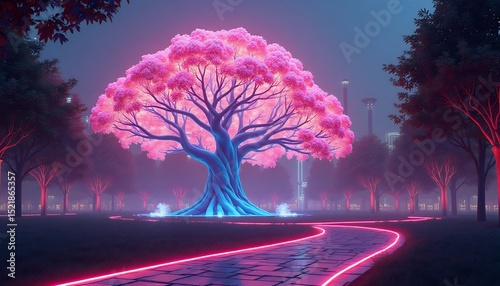 Pink Tree in Park with Neon Path