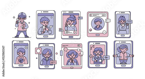 Illustration of ten mobile phones displaying people in video calls and social media posts online