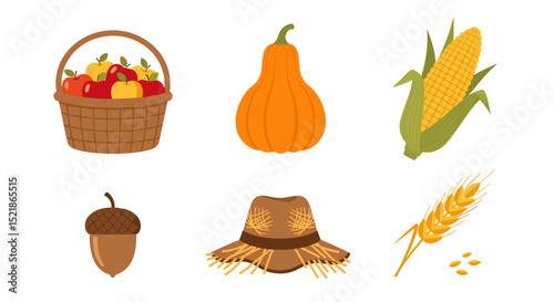 Illustration of autumn harvest featuring basket of apples, pumpkin, corn and more crops of the season