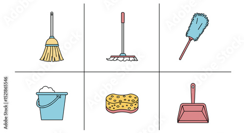 Illustration of cleaning supplies including a broom mop duster bucket sponge and dustpan arranged neatly in a grid