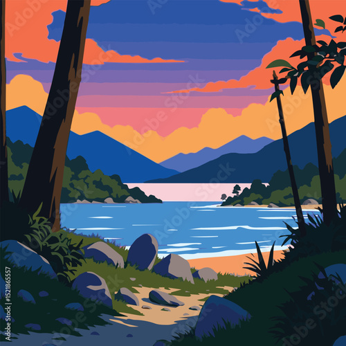 Peaceful vector illustration of a scenic lake landscape with mountains, ocean coastlines, and sunset skies – perfect for travel, adventure, tourism, and outdoor vacation designs.	