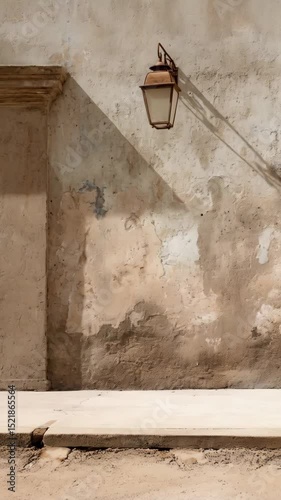 Vintage lantern attached to a weathered plastered wall casting a diagonal shadow, showcasing architectural detail and textured surfaces.