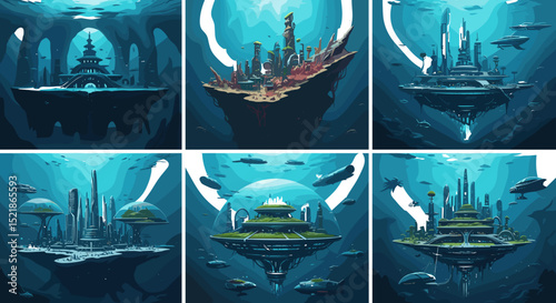 A collection of underwater cities with futuristic designs and marine life in a deep blue ocean setting