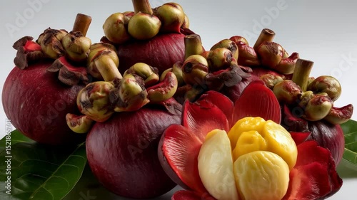 Pile of ripe mangosteens, including open fruit, showing the segments and green leaves against a white background.