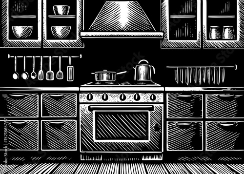 A black and white sketch vector of a kitchen interior with utensils, stove, and shelves