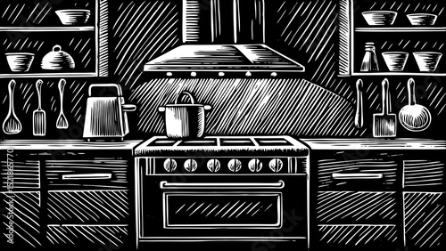 A black and white sketch vector of a kitchen interior with utensils, stove, and shelves