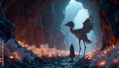 Skeleton Bird and Figure in Cave with Luminous Flowers