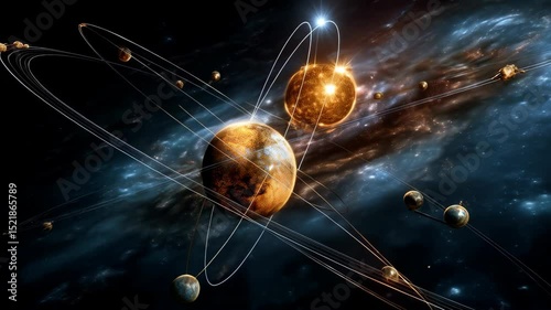Complex digital artwork of cosmic planets and orbiting moons set against a backdrop of nebulas and celestial galaxies, creating a sense of deep space exploration