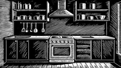 A black and white sketch vector of a kitchen interior with utensils, stove, and shelves