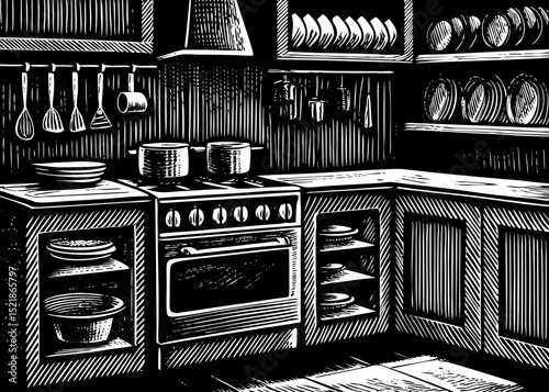 A black and white sketch vector of a kitchen interior with utensils, stove, and shelves
