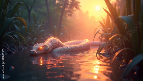 Snake in River Glowing Sunset Scene