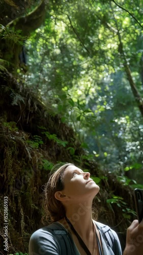 Young woman using a mobile phone to take pictures in an enchanted forest with dappled sunlight and mossy trees