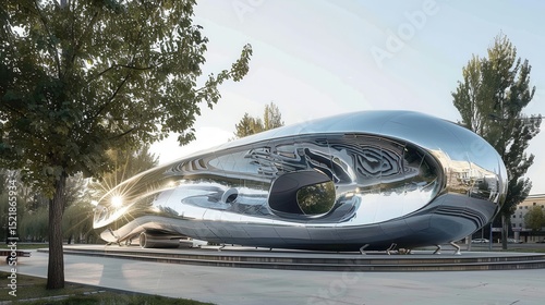 Silver spacecraft-inspired pavilion boasts polished steel curves, a metallic membrane roof, and a zero-gravity aesthetic among the trees.