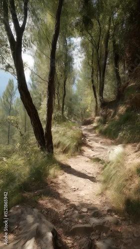 Winding pathway through a dense green forest with lush vegetation and towering trees creating dappled sunlight patterns on the trail. Rocks and greenery line the path.