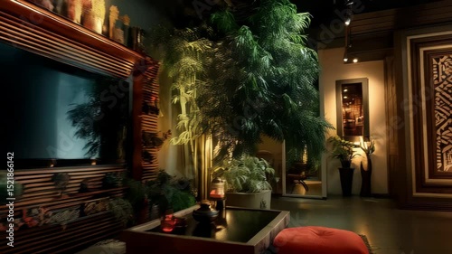 Luxurious living room with zen garden, waterfall feature, indoor plants, and stylish red beanbag chairs in a contemporary house.