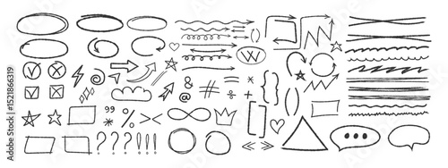 Set of various elements, arrows, symbols, punctuation marks, asterisks, underlines, crossings drawn with chalk or pencil. Vector elements strokes in pencil or charcoal bubbles wavy lines, swoosh.