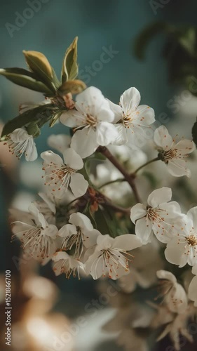 Close-up capturing delicate white cherry blossoms with vibrant orange stamens amidst soft green leaves against a muted teal background.