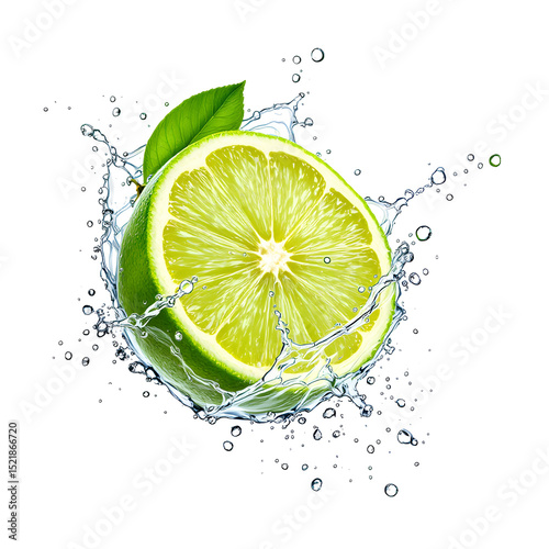 Fresh half lime with water splash and green leaf isolated on a white background for refreshing design PNG file isolated on transparent background cut out, clipping path, social media, Advertisement.