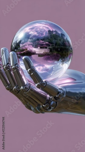 Chrome robotic hand holding a crystal ball reflecting a Japanese garden scene with pink cherry blossoms in a dreamy futuristic concept