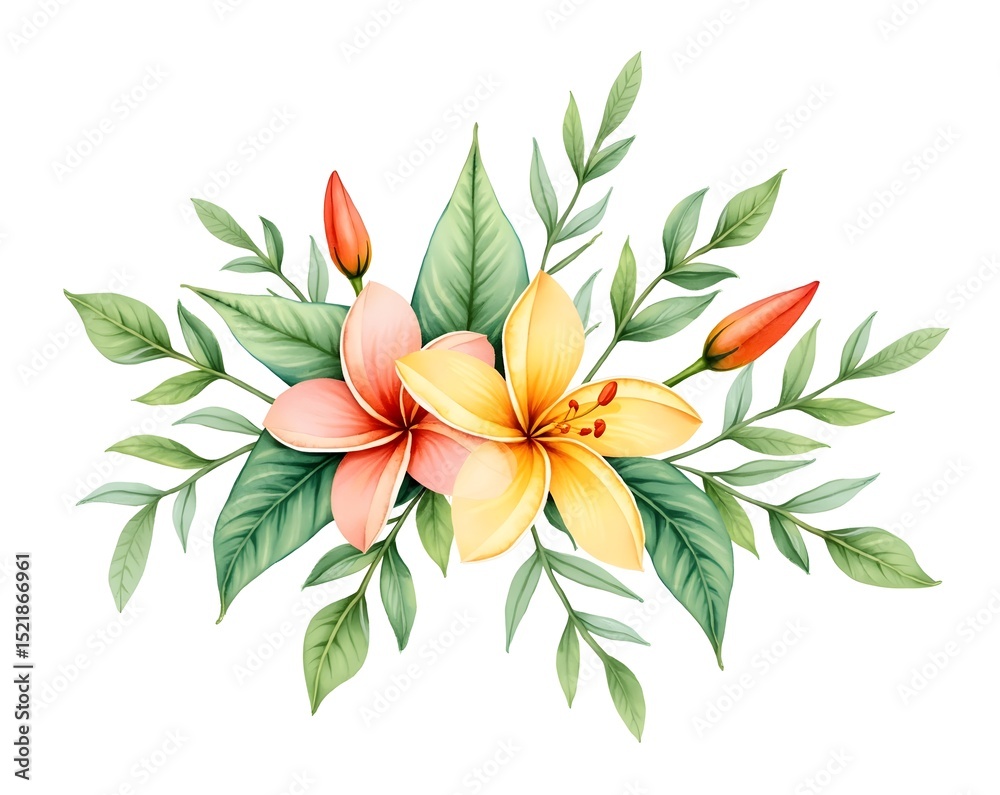 Peach lily yellow lily floral arrangement botanical illustration vibrant colors lush leaves Peach lily yellow lily floral arrangement botanical illustration vibrant colors lush leaves