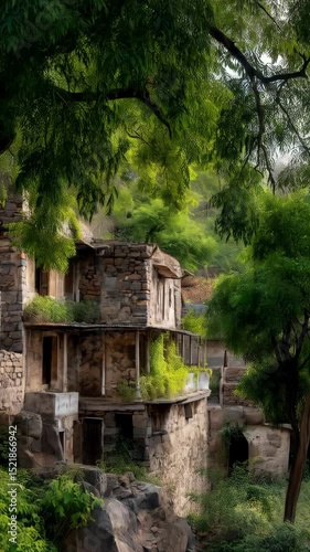 Rustic stone village house nestled in lush green foliage and rocky terrain with an aged, weathered exterior in a secluded mountainous area.