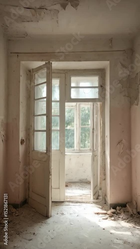 Open glass door in dilapidated room with peeling paint and debris leading to bright sunny balcony offering view of green trees.