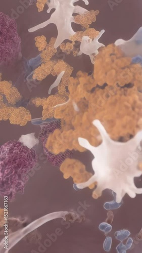 Microscopic view of immune cells and bacteria, illustrating complex biological processes in human body and healthcare research concepts.
