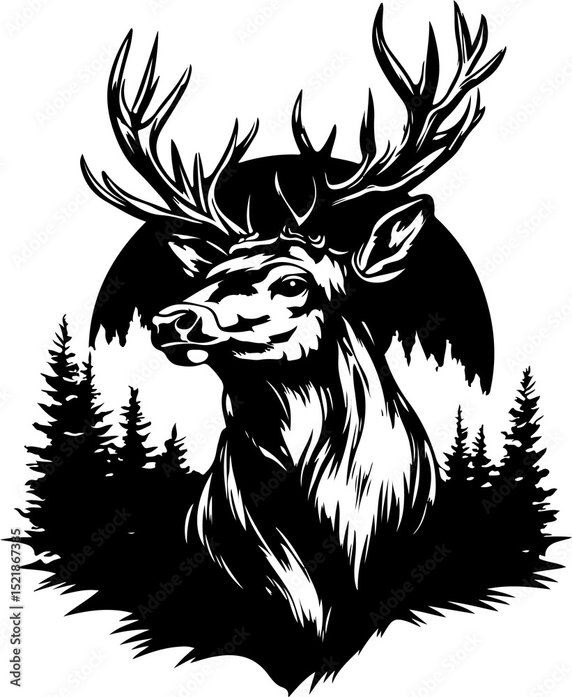 Obraz premium deer, animal, silhouette, vector, nature, tree, illustration, wild, reindeer, christmas, forest, mammal, wildlife, stag, antler, elk, hunting, art, cartoon, animals, sketch, design, drawing, sunset, a