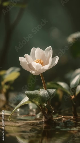 Solitary white bloodroot flower blooming in shallow woodland pool, petals reflecting on gentle water surface, peaceful nature scene