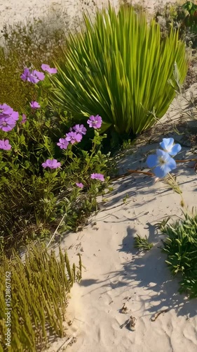 Close up view of delicate pale blue flowers growing on a sandy hill with green vegetation under natural sunlight in a desert-like setting.
