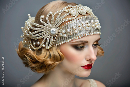 Elegant Woman in Vintage 1920s Flapper Headband with Pearls