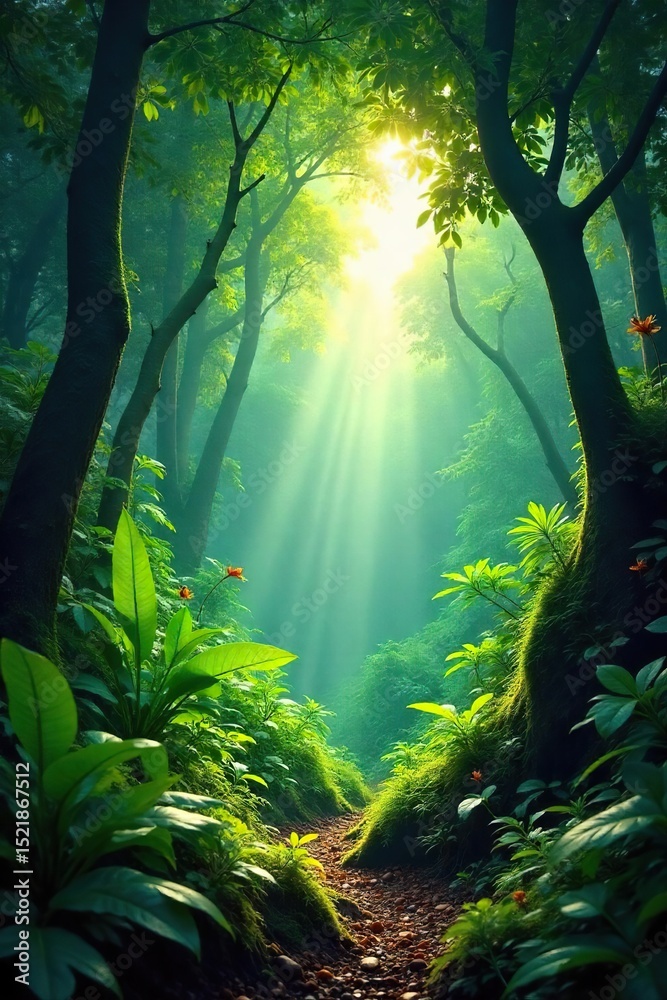 Obraz premium Lush green canopy of a Panamanian rainforest, sunlight dappling through the leaves onto the vibrant, damp forest floor Abundant flora and fauna thrive in this biodiverse ecosystem , lianas, moss