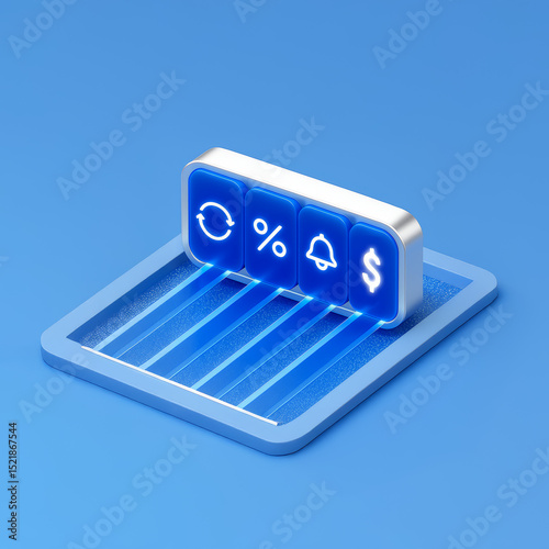 Neon Financial Interface – 3D Icon Panel with Currency, Discount, Alert, and Sync Symbols