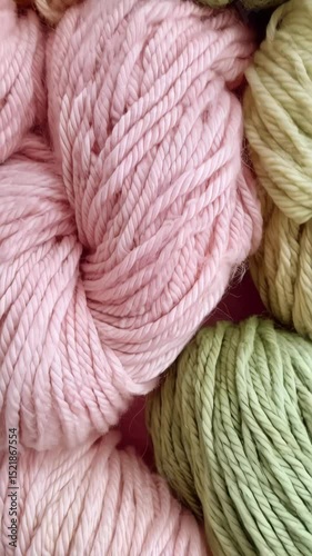 Close-up of soft pastel skeins of yarn in pink, green, and cream for knitting and crochet projects in studio setting