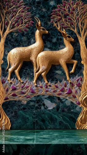 Golden deer pair artfully depicted amid stylized trees, purple foliage, and an ornate textured dark teal and white background.