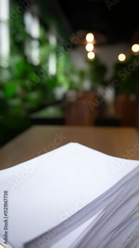 Stack of white sheets of paper and golden clips on a table in a modern office space with green plants