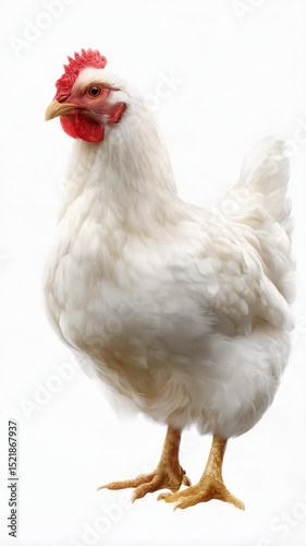 Studio shot of a white feathered hen standing on its feet against a white background in a clear, simple composition.