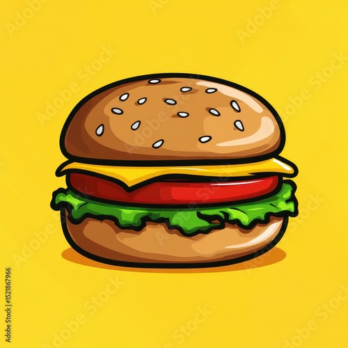 Delicious cheeseburger with fresh ingredients displayed on a vibrant yellow background
